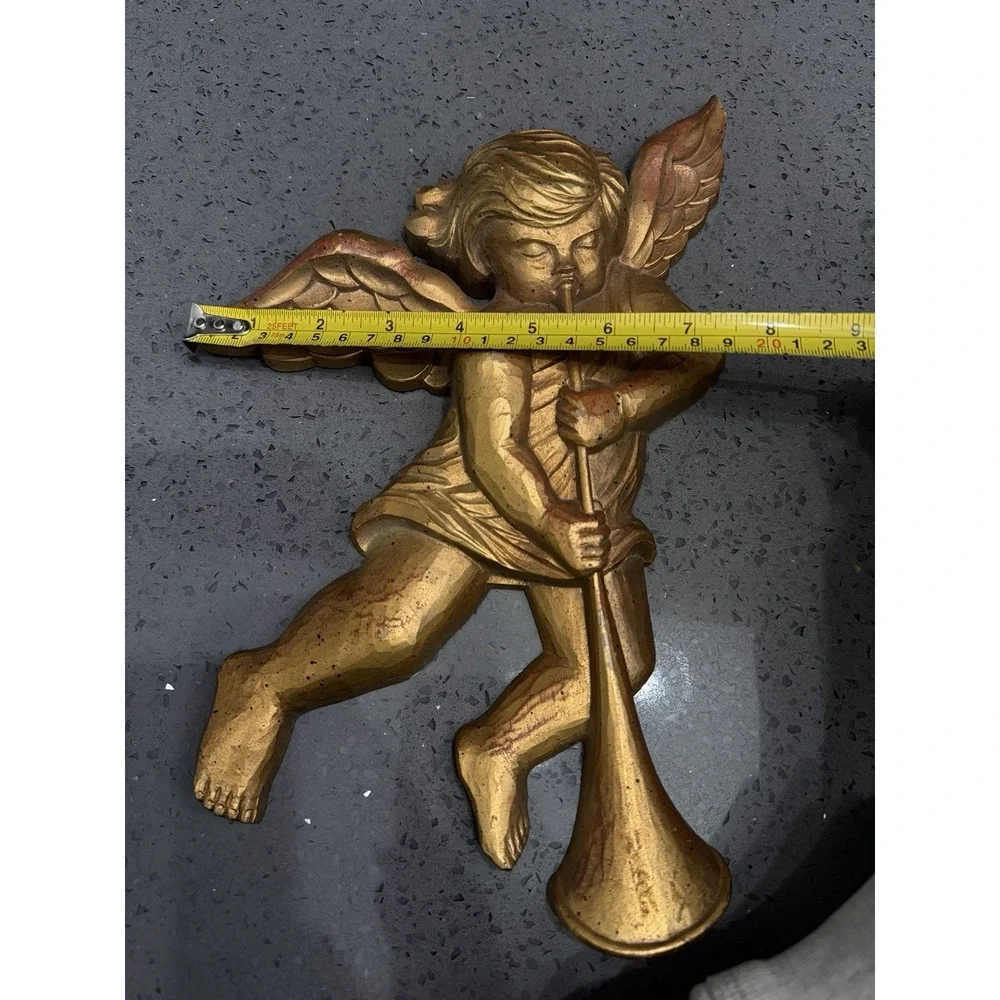 Vtg Cherubs Angels Wall Hanging Decor Gold Playing‎ Horn Set of 2